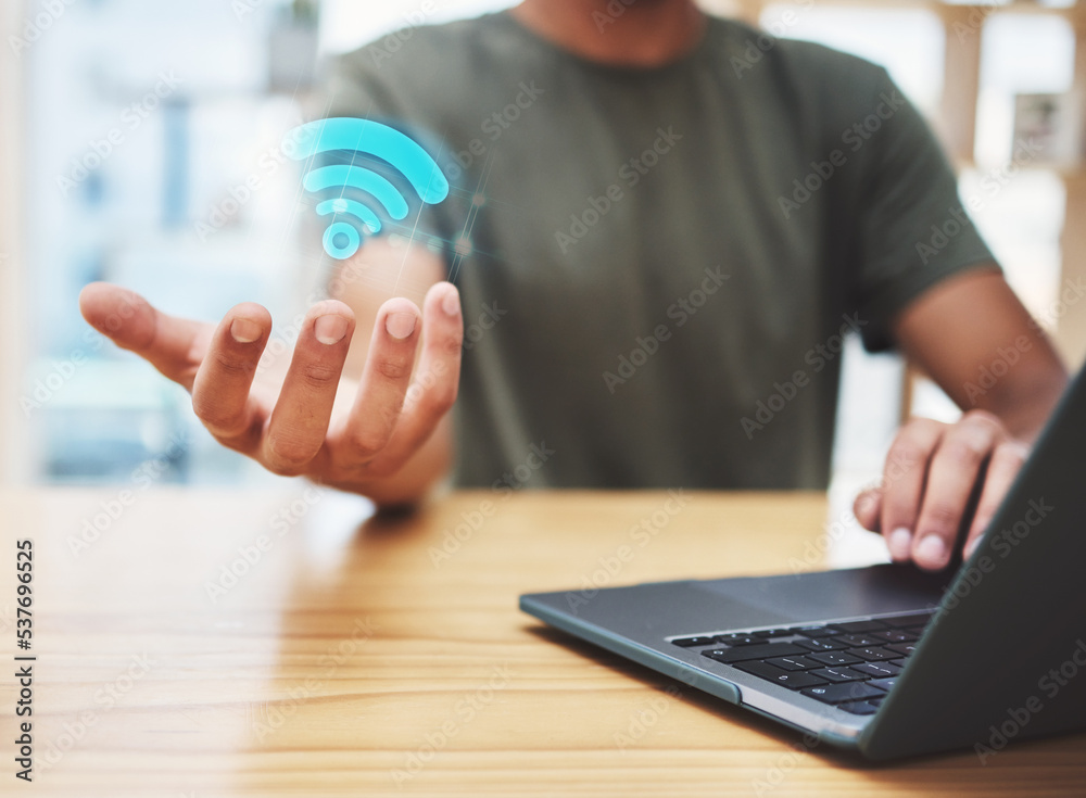Aufkleber Overlay, wifi and entrepreneur with internet connection for fast browsing or searching online via laptop signal device, Digital, hologram and person networking on a global ai app or secure website