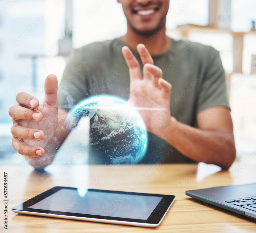 Poster Global technology, network connection overlay and futuristic hologram of worldwide 5g online iot on digital tablet. Future internet, mobile communication and cloud computing with virtual ai software
