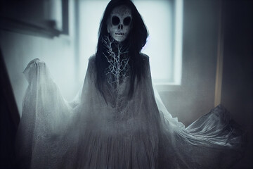 Scary ghost woman in haunted house. Digital art - obrazy, fototapety, plakaty