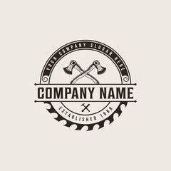 Woodwork carpenter and axe vintage logo with illustration design, carpenter logo design with hammer and circular saw or blade, carpenter logo emblem badge vintage with vector sawmill. Retro; Vintage; 