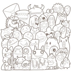 Fototapeta premium Hand-drawn illustrations, monsters doodle, Hand Drawn cartoon monster illustration,Cartoon crowd doodle hand-drawn Doodle style.black and white stripes coloring book