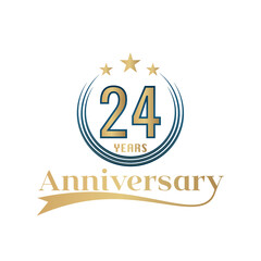 24 Year Anniversary Vector Template Design Illustration. Gold And Blue color design with ribbon