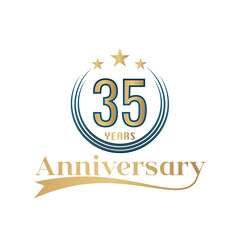 35 Year Anniversary Vector Template Design Illustration. Gold And Blue color design with ribbon