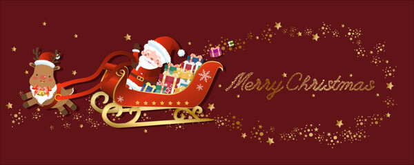 Santa Claus driving a sleigh full of gifts and Merry Christmas written by stars on a red background