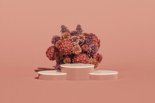 3D podium display, Orange and dark brown background, autumn scene with hydrangeas flower. Peonies flower and nature leaf. Minimal pedestal for beauty, product. Feminine copy space template 3d render	
