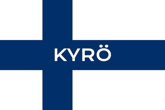 Kyr&ouml;: Name der finnischen Stadt Kyr&ouml; in der Provinz Varsinais-Suomi auf der Flagge der Republik Finnland