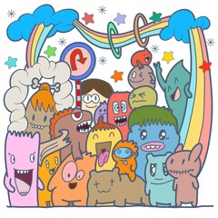 Hand-drawn illustrations, monsters doodle, Hand Drawn cartoon monster illustration,Cartoon crowd doodle hand-drawn Doodle style.