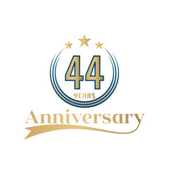 44 Year Anniversary Vector Template Design Illustration. Gold And Blue color design with ribbon