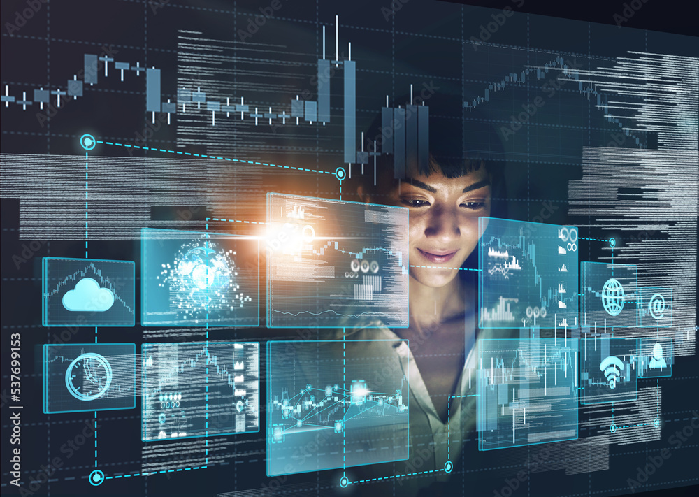 Aufkleber Cloud computing, overlay and woman trading on stock market with a financial strategy via wifi internet connection. Cryptocurrency, analytics and trader doing data analysis to check investment growth