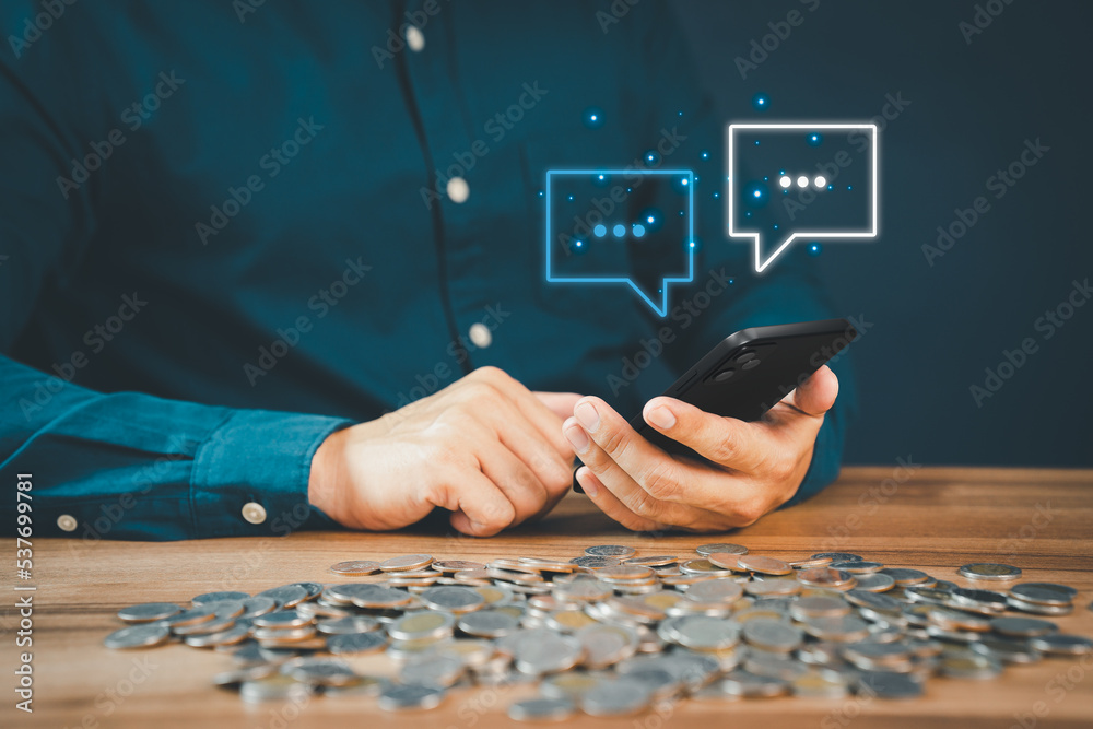Poster Man hand using smartphone typing live chat chatting on application communication digital web and social network concept. Social media application chat box.