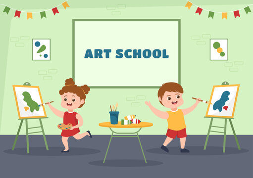 Art School of Painting with Live Model or Object using Tools and Equipment in Template Hand Drawn Cartoon Flat Illustration