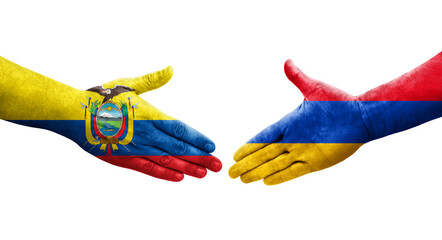 Handshake between Armenia and Ecuador flags painted on hands, isolated transparent image.