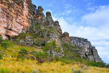 Fototapeta na wymiar Rock spires and cerrado vegetation on the entrance of the Cânion do Funil canyon, Presidente Kubitschek, Minas Gerais, Brazil 