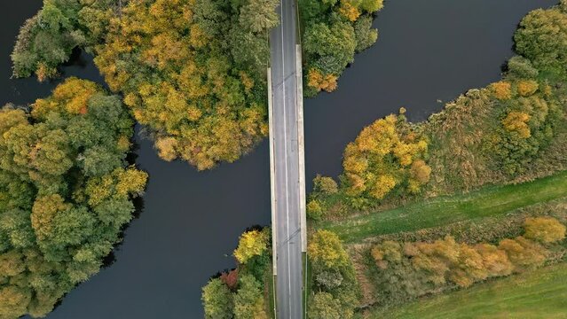 Aerial view of a car crossing the Bridge in Schiffdorf over the Geeste, Germany