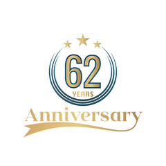 62 Year Anniversary Vector Template Design Illustration. Gold And Blue color design with ribbon