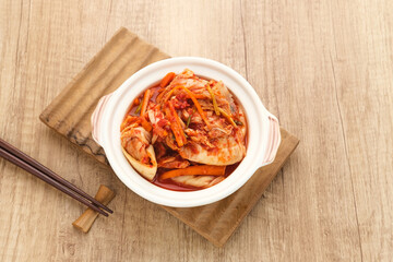 Kimchi or Kimci, a traditional Korean food, pickled fermented vegetables with a spicy seasoning
