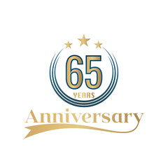 65 Year Anniversary Vector Template Design Illustration. Gold And Blue color design with ribbon