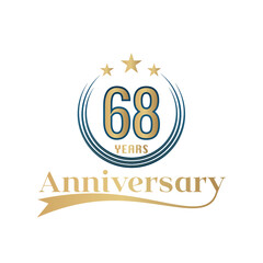 68 Year Anniversary Vector Template Design Illustration. Gold And Blue color design with ribbon