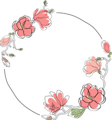 hand drawn doodle line art pink magnolia flower bloom wreath frame