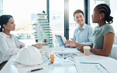 Construction, planning and architects meeting about design of building, strategy and working in...