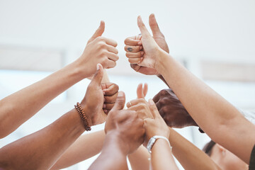 Thumbs up, together and hands do yes in closeup for group in agreement. Hand, goal and support for...