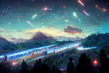 Train travel through space. concept art. illustration. planets ..fantasy scenery