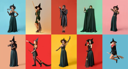 Collage with young witches on colorful background