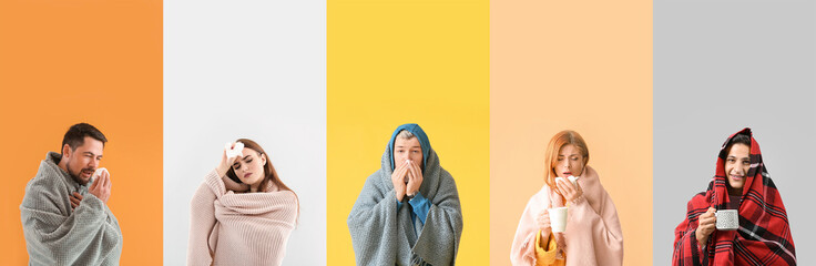Collage of different ill people with flu on color background - obrazy, fototapety, plakaty