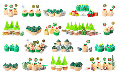 Set of many tasty Christmas cupcakes isolated on white