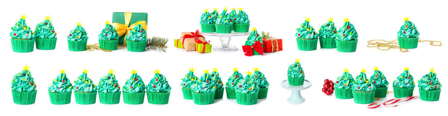 Set of many tasty Christmas cupcakes isolated on white