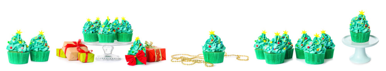 Set of many Christmas cupcakes on white background