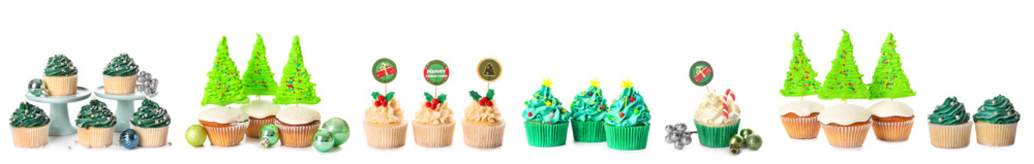 Set of many tasty Christmas cupcakes isolated on white
