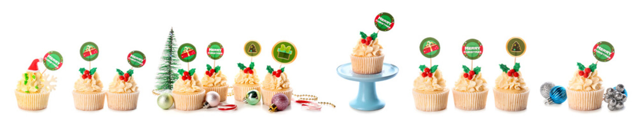 Set of many tasty Christmas cupcakes isolated on white