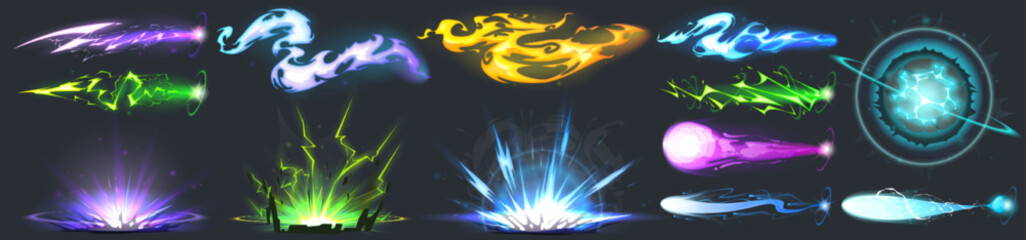 Set of vfx neon light effects isolated on black background. Cartoon vector illustration of colorful neon flashes from bomb explosion, futuristic space blaster, laser gun rays, magic power charge
