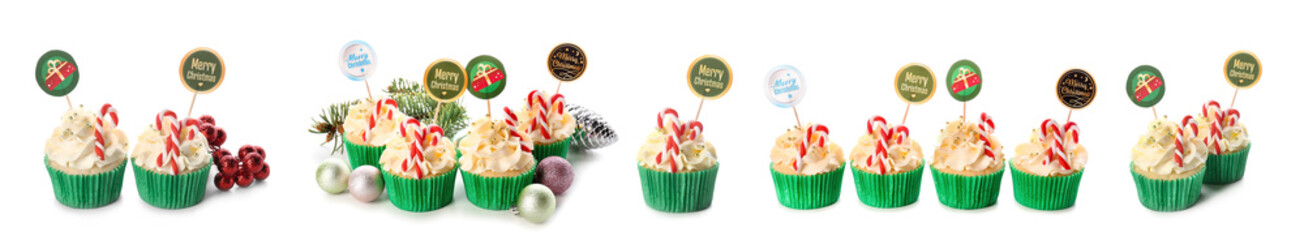 Set of many tasty Christmas cupcakes isolated on white