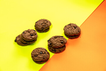 Chocolate chip cookies on Stacked, chocolate chip cookies close up., with color background