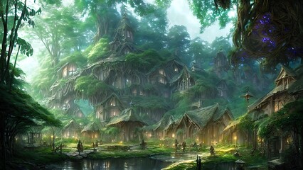 Mysterious village in the forest, Fairy tale adventure, book cover.