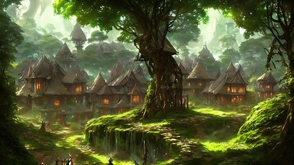 Mysterious village in the forest, Fairy tale adventure, book cover.