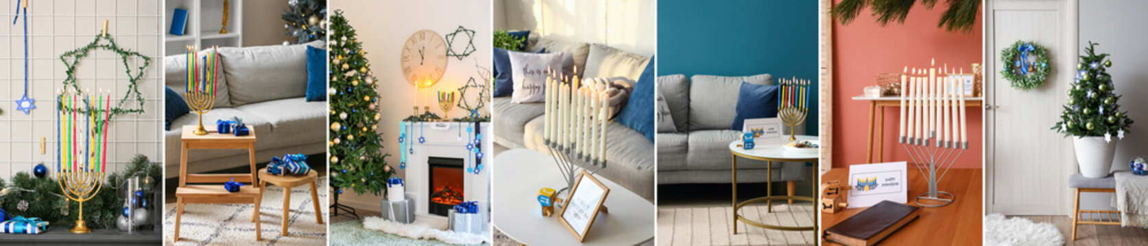 Collage of stylish interiors of room decorated for Hanukkah celebration