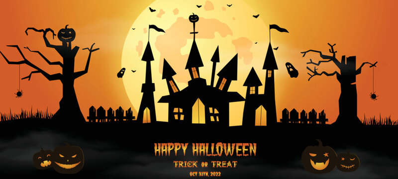 Happy halloween banner or party invitation background with violet fog clouds sky and scary pumpkins. Halloween sale. Halloween trick or treat card