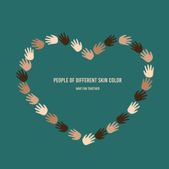 Anti-racism and racial equality. Palms of different races. Banner anti-racism. Heart from palms
