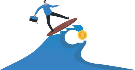 Investment challenges. Business or career challenges. Confronting the peak of the profit point. Stock market, crypto currency market. Investment risk. businessman surfing giant waves.