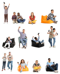 Obraz premium Set of people playing video games isolated on white