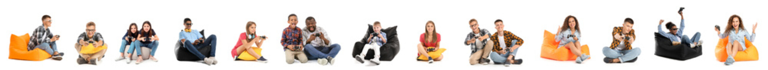 Set of people playing video games isolated on white