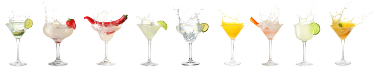 Fototapeta na wymiar Set of tasty martini cocktails with splashes isolated on white