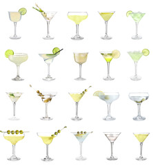 Set of tasty martini cocktails isolated on white