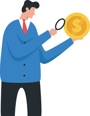 Questions about investment finance. Management of funds or assets. Profit, Liabilities, Stock Market. Young man using a magnifying glass to look at dollar coins in his hand.