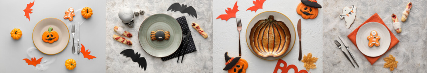 Collage with different Halloween table settings on light background, top view