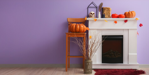 Interior of living room with fireplace decorated for Halloween