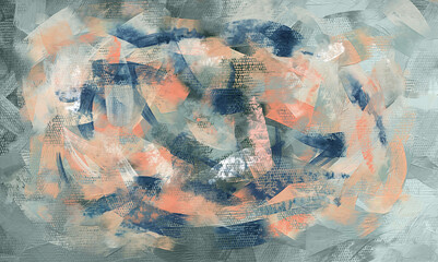Abstract sage green paint strokes, oil painting on canvas wallpaper, orange accents painted artwork